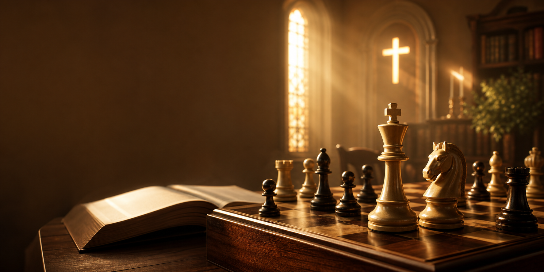 A chessboard beside an open Bible in warm chapel light.